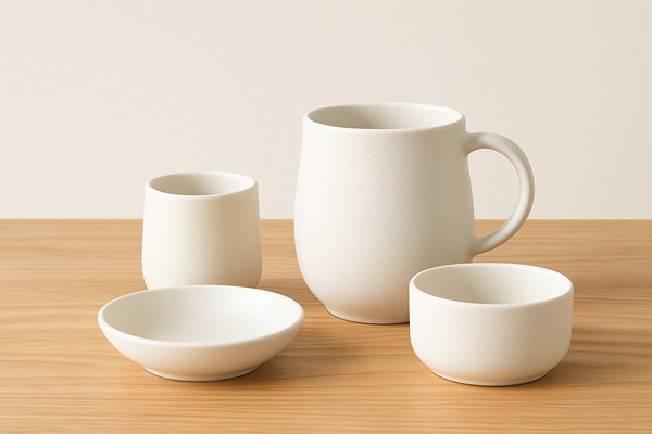 Clear ceramic tableware on oak table